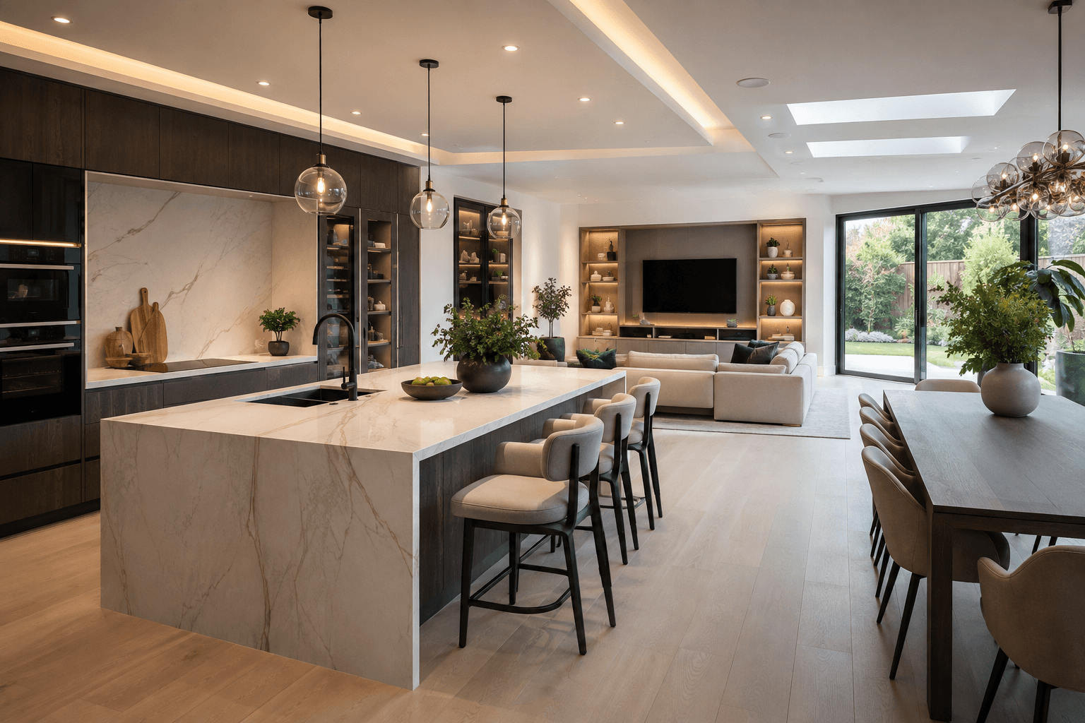 A finished open-plan kitchen and living space with a marble island, pendant lights, and glazed doors onto the garden.